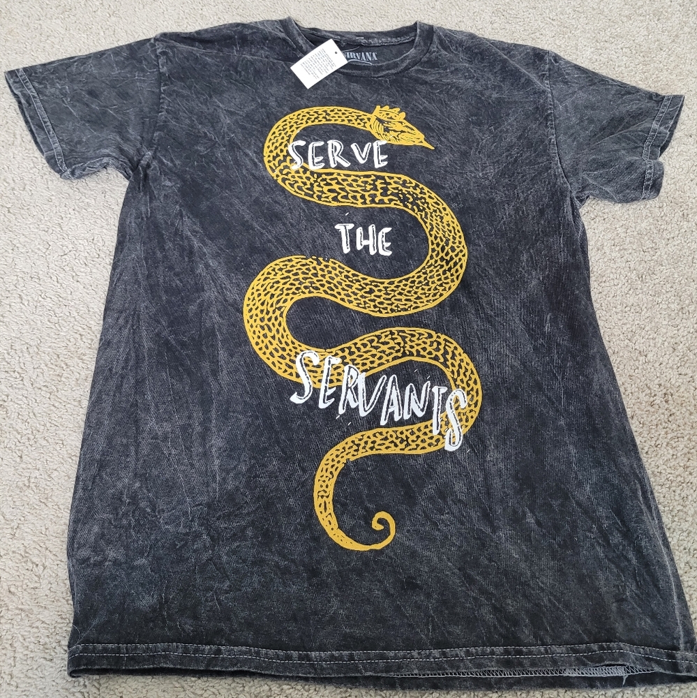 NIRVANA SERVE THE SERVANTS Medium Black Graphic Tee with Yellow Snake Design